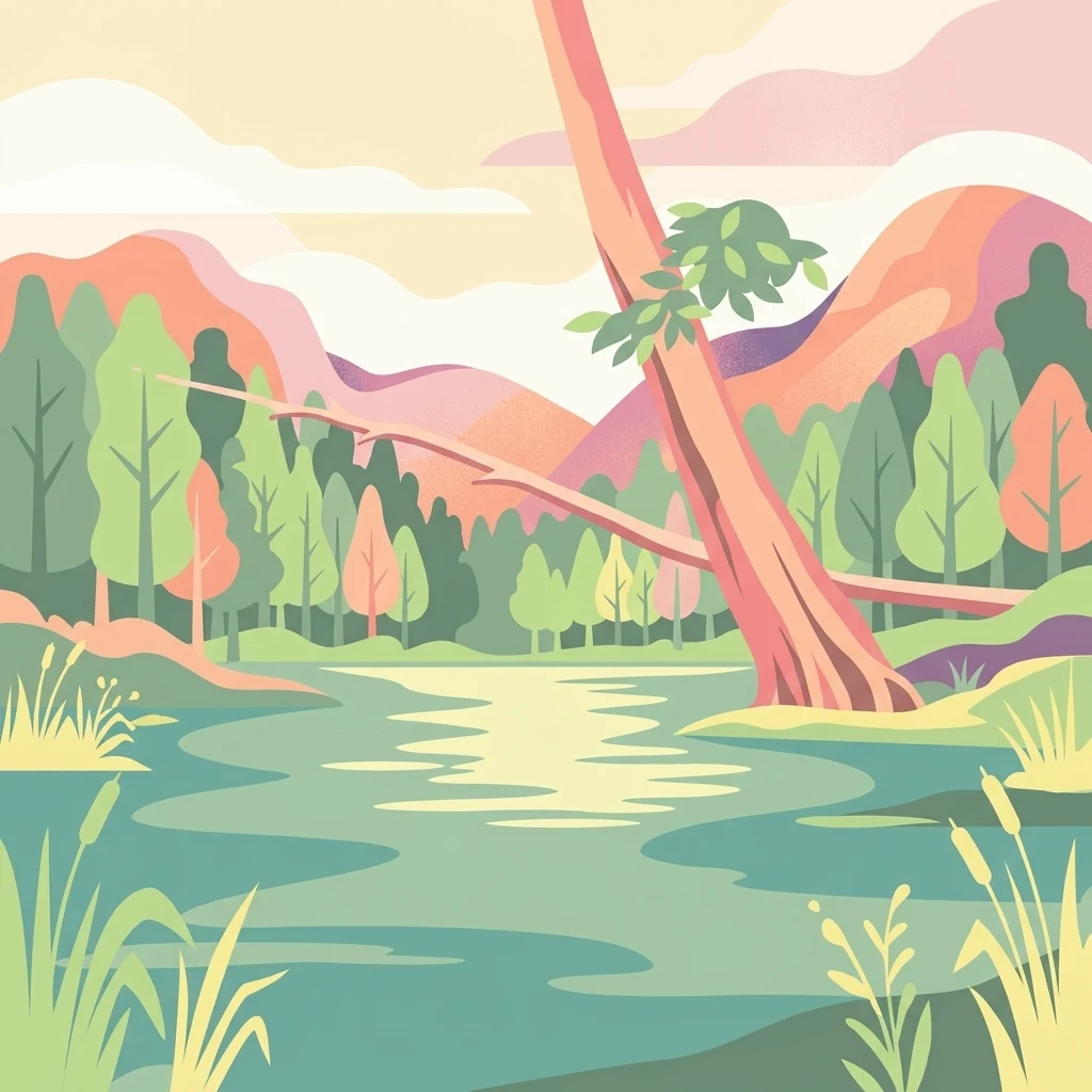 A flat-style vector illustration of a tranquil lake surrounded by a colorful forest and distant hills, with a prominent tree trunk in the foreground.