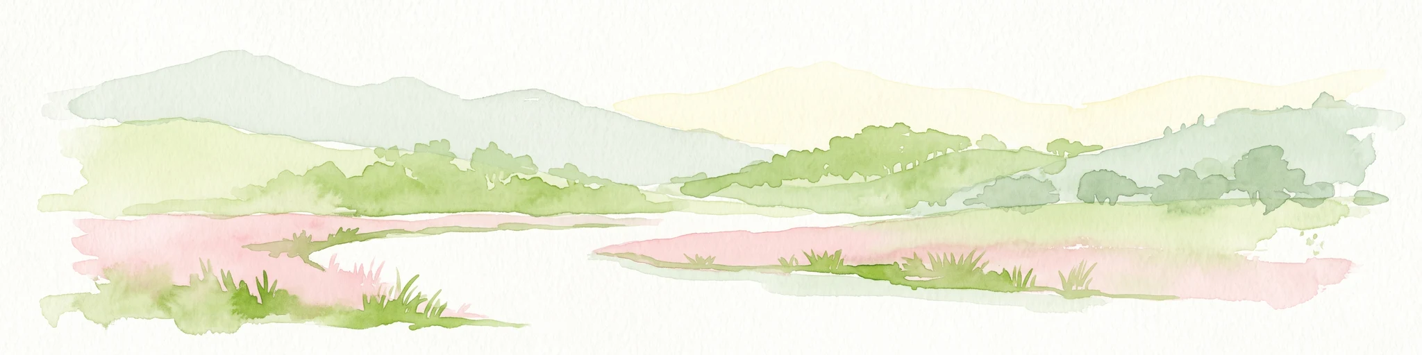 A soft watercolor painting of a serene lake scene with rolling hills in the background, green vegetation along the banks, and pale pink blooms, likely lotus flowers, in the water.