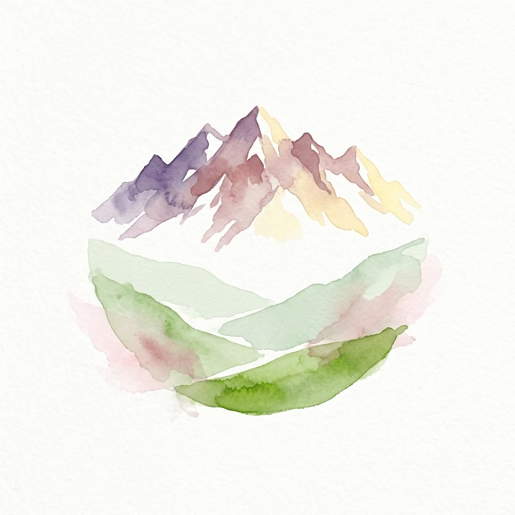 Watercolor painting of mountain peaks in purple, red, yellow, and green tones