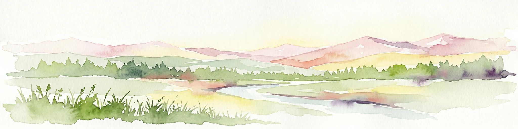 Watercolor painting depicting mountains, a river, grassy fields, and trees
