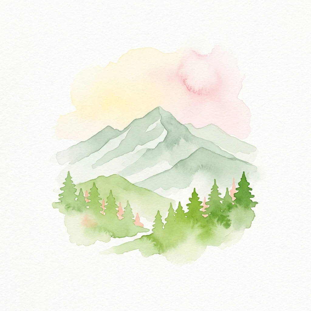 Pintura en acuarela de montañas verdes con pinos y un cielo suave de color rosa y amarillo.