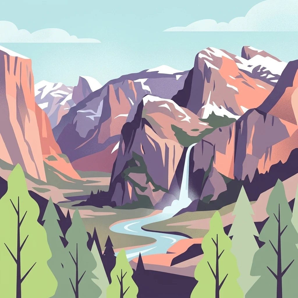 Ilustración de un paisaje montañoso con un río, un bosque y picos nevados