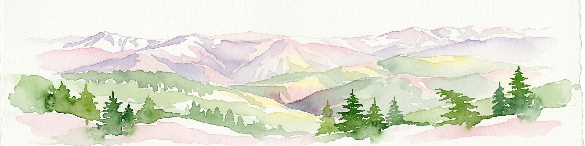 Pintura en acuarela que muestra cordilleras con cimas nevadas, bosques verdes y colinas ondulantes en un paisaje escénico