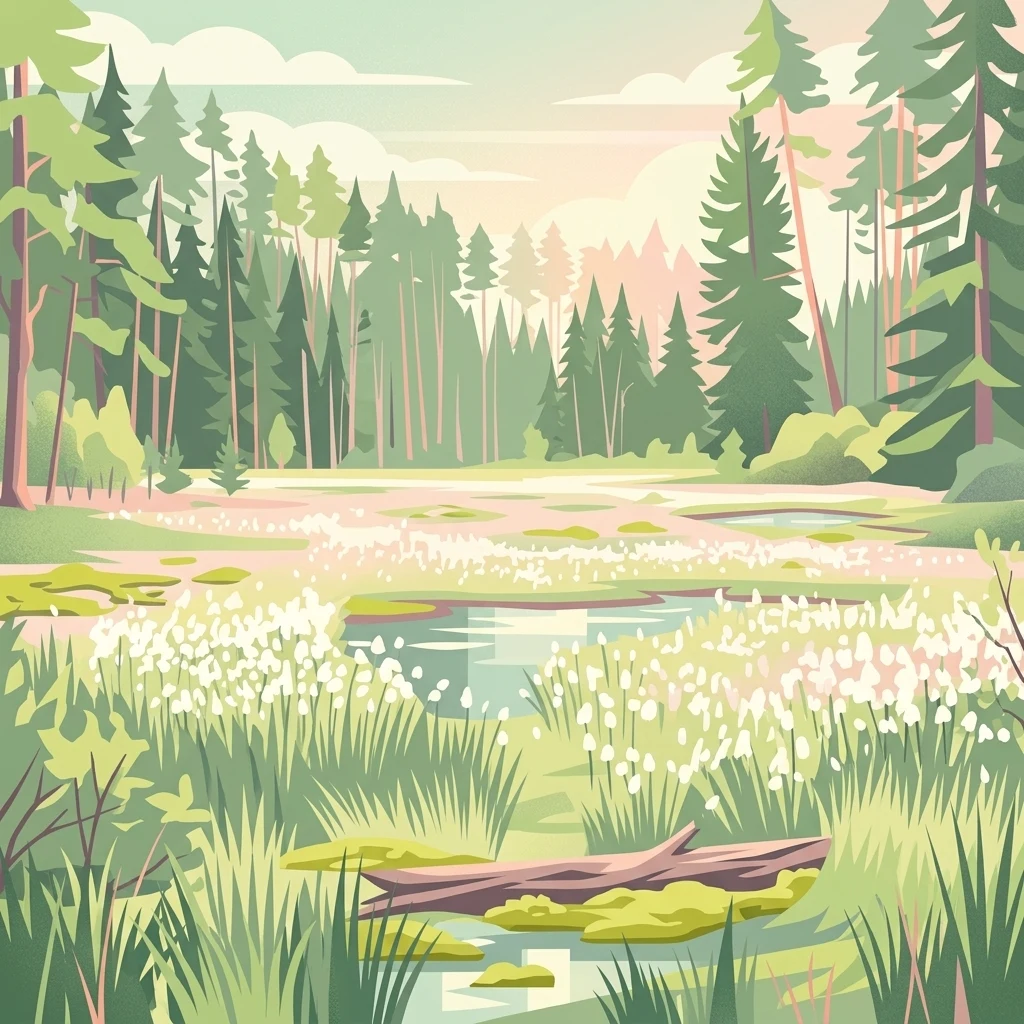 A flat-style digital illustration depicting a wetland or valley moor scene surrounded by a coniferous forest, with a fallen log in the foreground and white flowering vegetation near small pools of water.