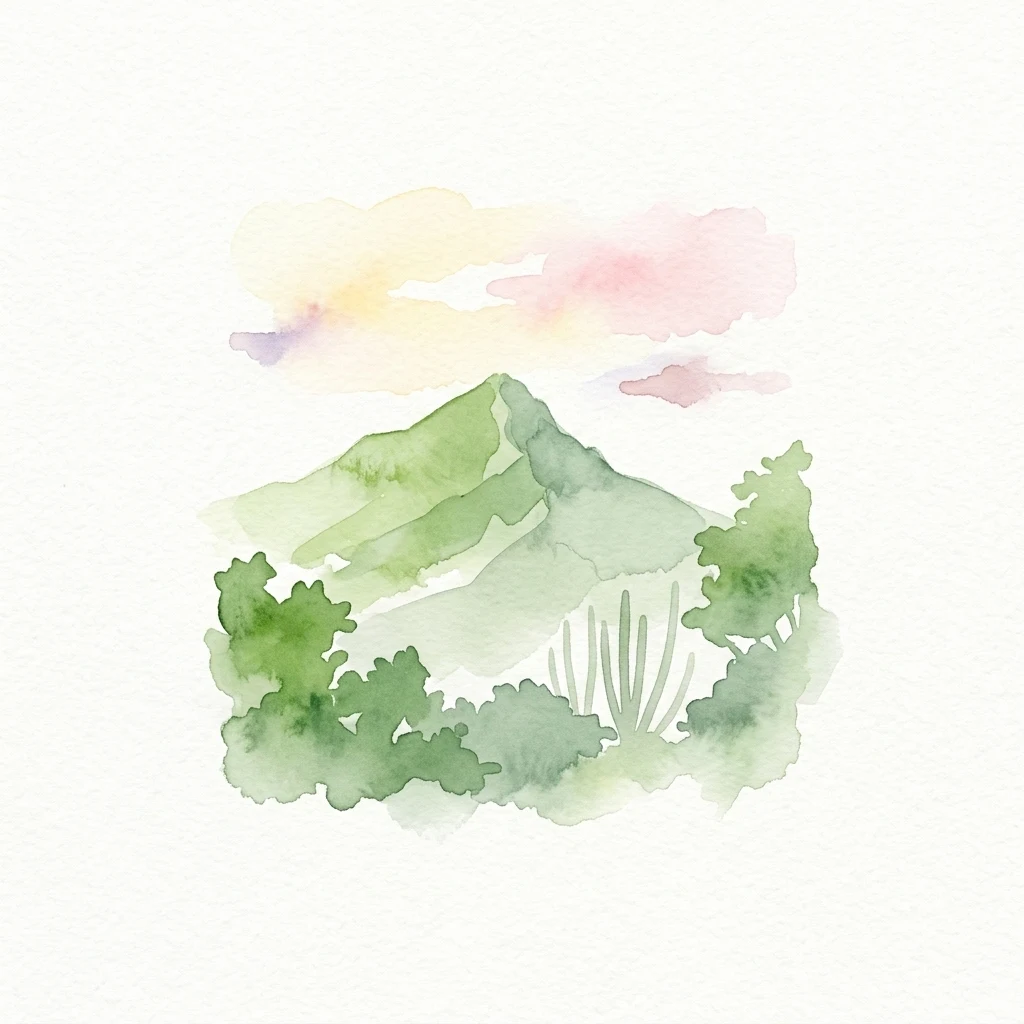 Ilustración de acuarela que muestra una montaña con vegetación verde, cactus y un cielo pastel