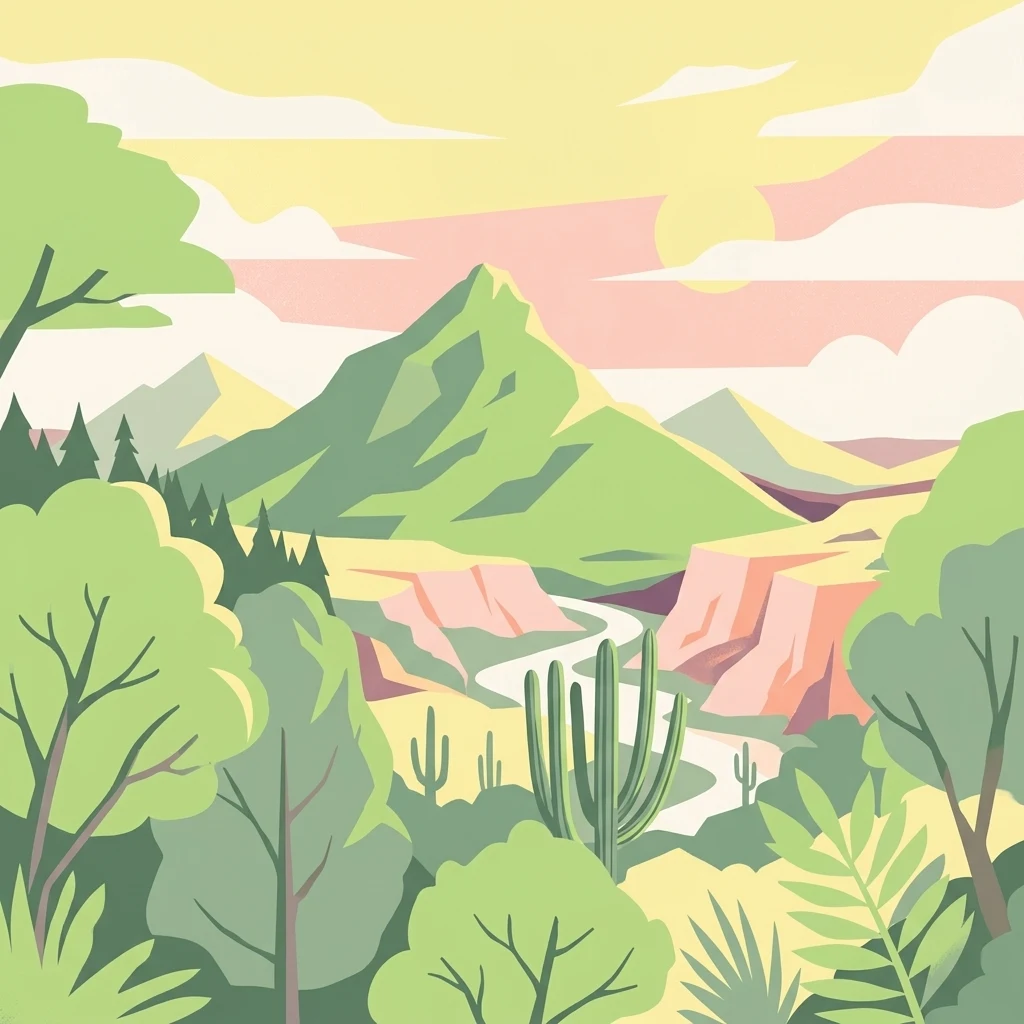 A stylized illustration of a mountainous landscape with cacti, trees, and a winding path under a pink and yellow sky