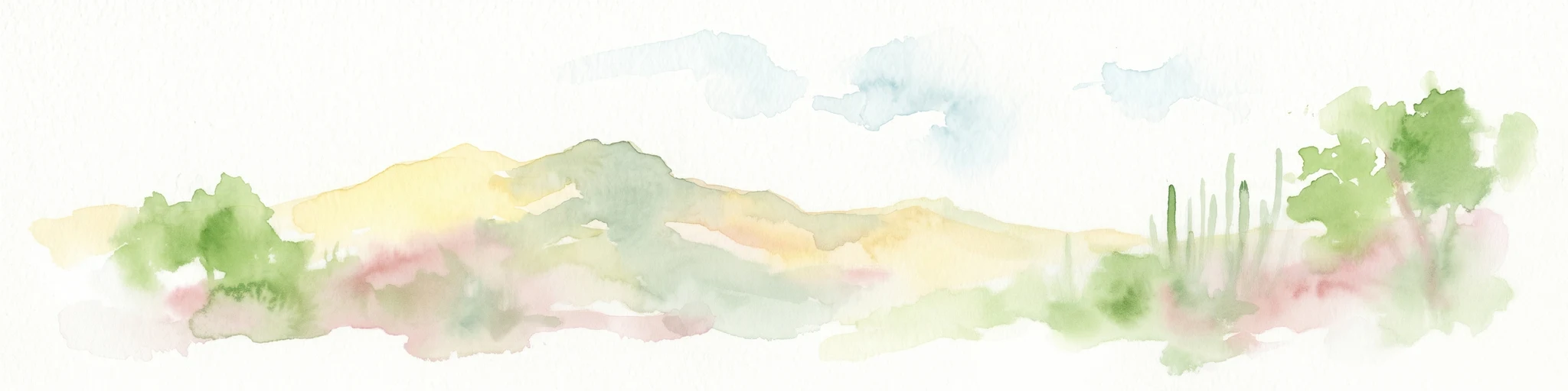 Watercolor painting of a landscape featuring green trees, hills, and cacti under a light blue sky