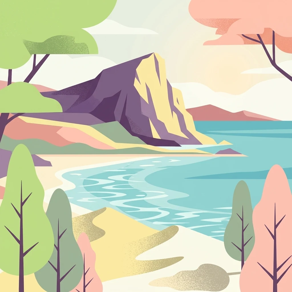 Digital flat illustration of a coastal scene with a large rocky outcrop, light-colored sand, turquoise water, and stylized trees in the foreground.