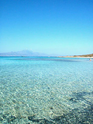 A wide angle view of the shallow, crystal clear turquoise water meeting a light-colored sandy beach on a sunny day.