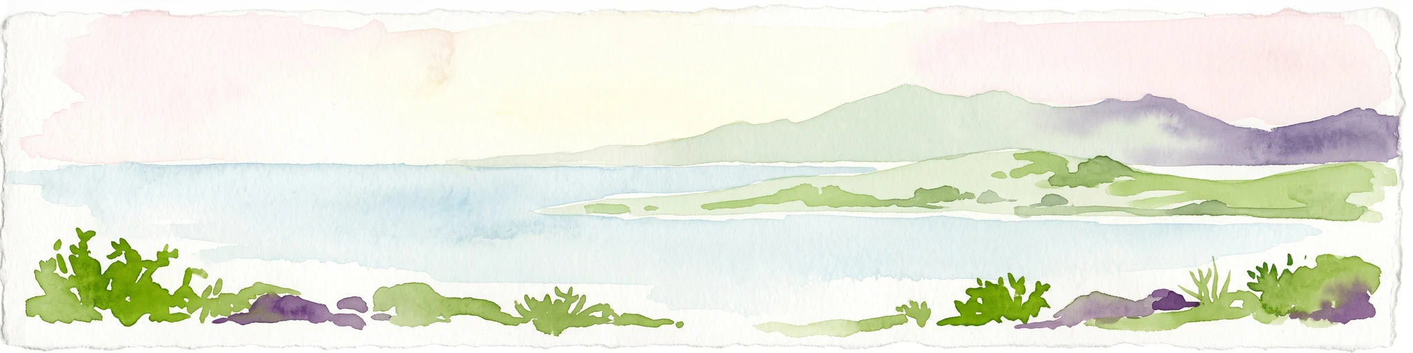 A horizontal watercolor painting depicting a pale blue coastal landscape with low green vegetation in the foreground and soft mountainous ridges in the distance.
