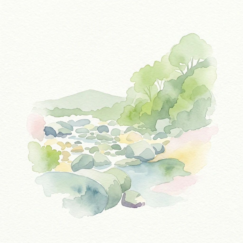 Watercolor painting showing a river with rocks, trees, and hills