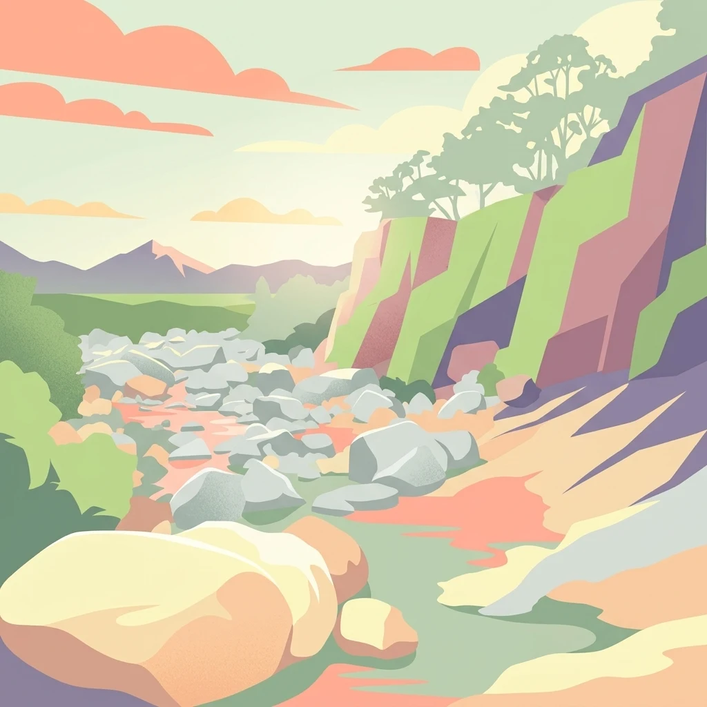 Colorful illustration showing a river with large rocks, cliffs with vegetation, and distant mountains under a sky with clouds