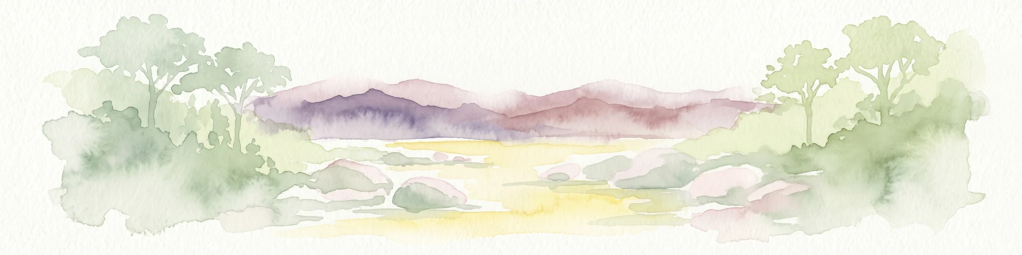 Ilustración en acuarela de un río, árboles y colinas en un paisaje natural.