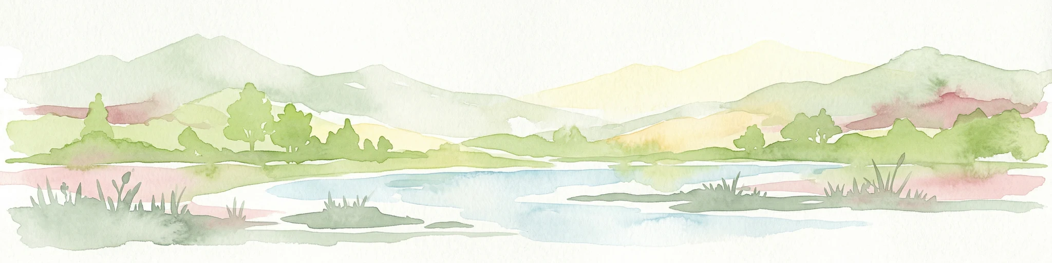 Ilustración en acuarela que muestra montañas, un lago y vegetación