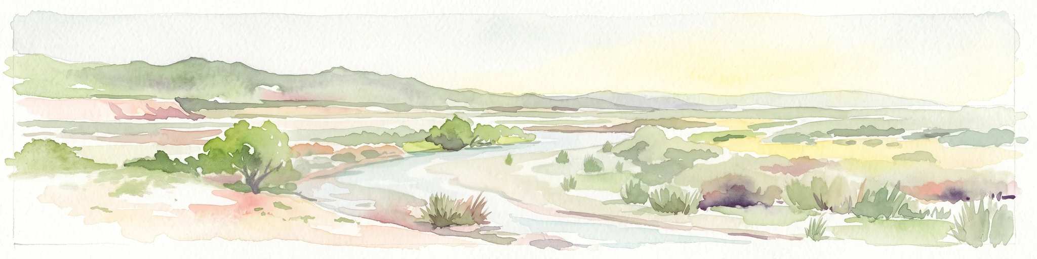A horizontal watercolor painting depicting a wide, winding river flowing through a coastal valley with rolling hills in the background and sparse green vegetation in the foreground.