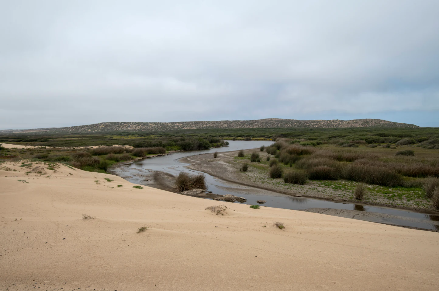 A wide angle view of a narrow river estuary winding through sandy dunes and marshy vegetation under an overcast sky.