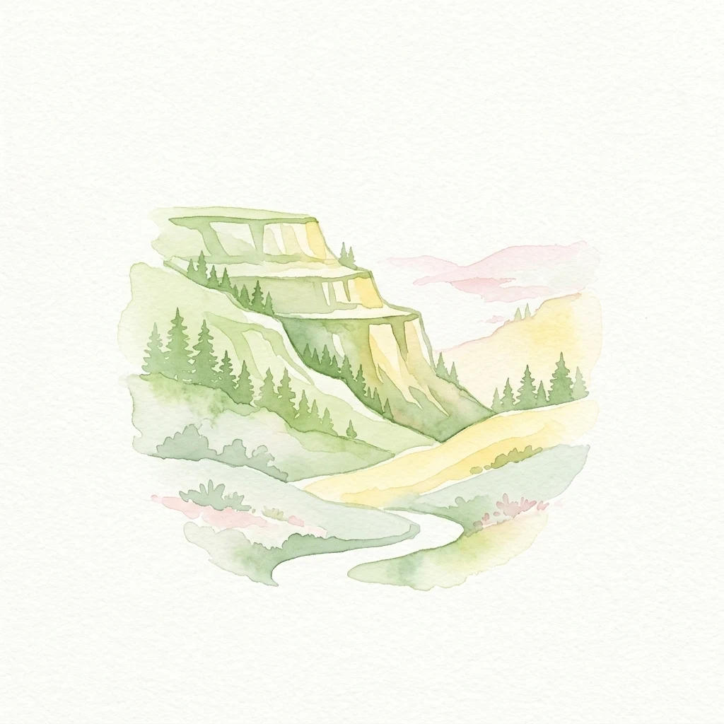 Una ilustración en acuarela que muestra una ladera verde escalonada con pinos y un río sinuoso en la base, sobre un fondo claro con suaves nubes rosadas.