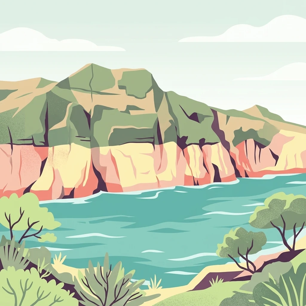 A stylized digital illustration showing rugged green and tan coastal cliffs meeting the calm turquoise waters of the Arabian Sea, with sparse vegetation in the foreground.