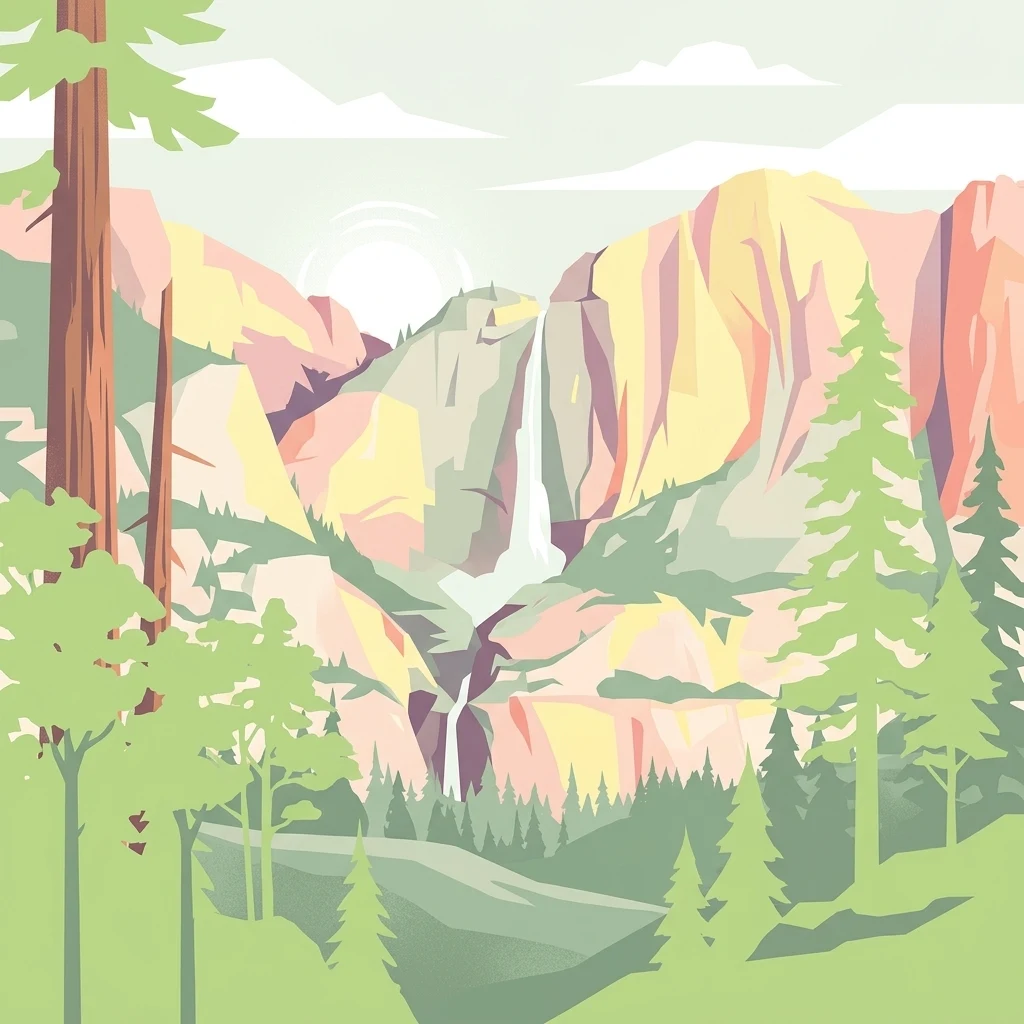 Illustration of a waterfall in a mountainous landscape with pine trees and colorful rock formations