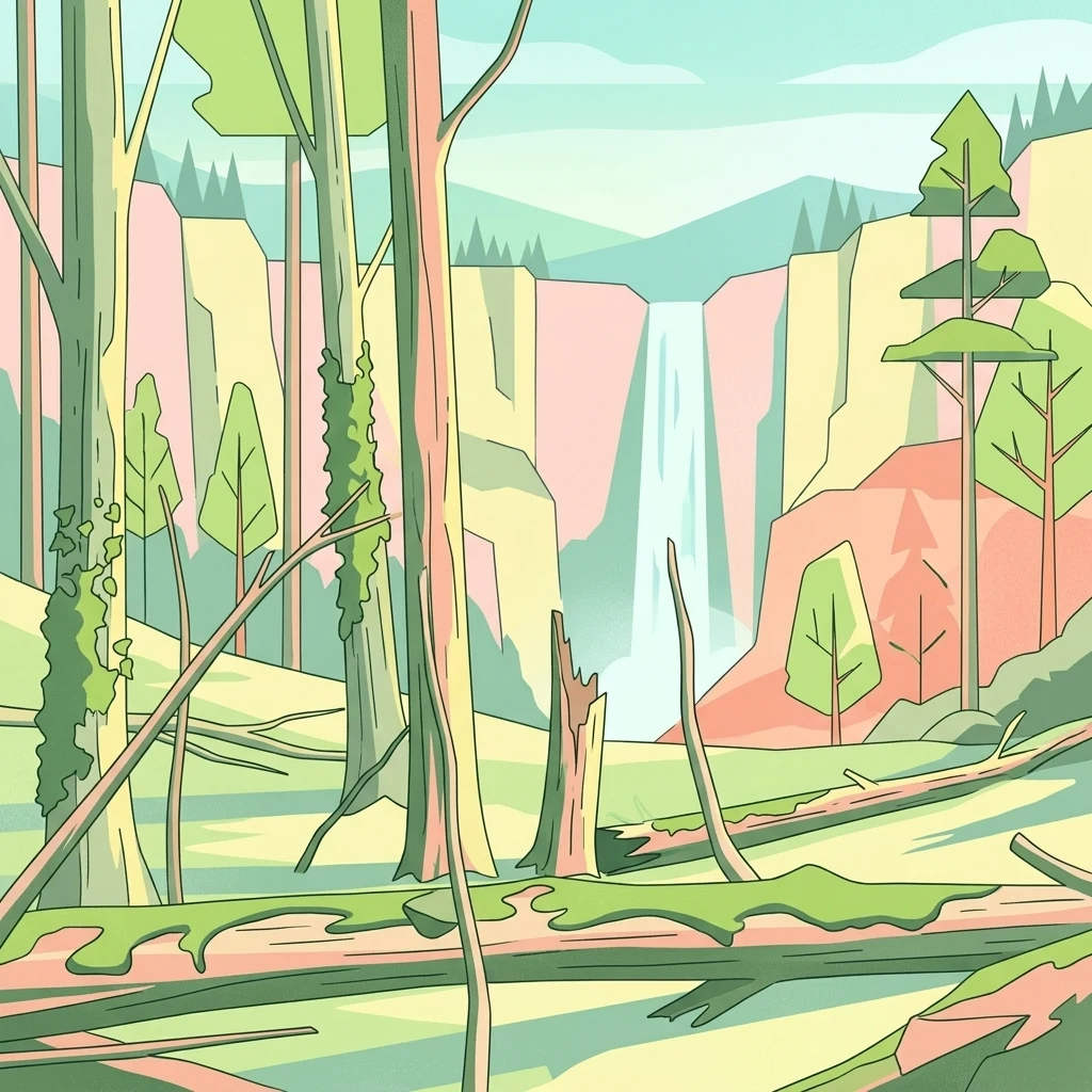 A flat vector-style illustration showing a forest clearing with fallen logs in the foreground and a tall waterfall cascading down a canyon wall in the background.