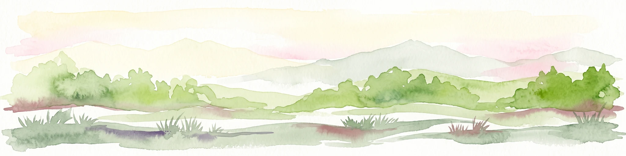 Una suave ilustración horizontal en acuarela que representa un paisaje verde ondulado con colinas lejanas bajo un cielo claro.