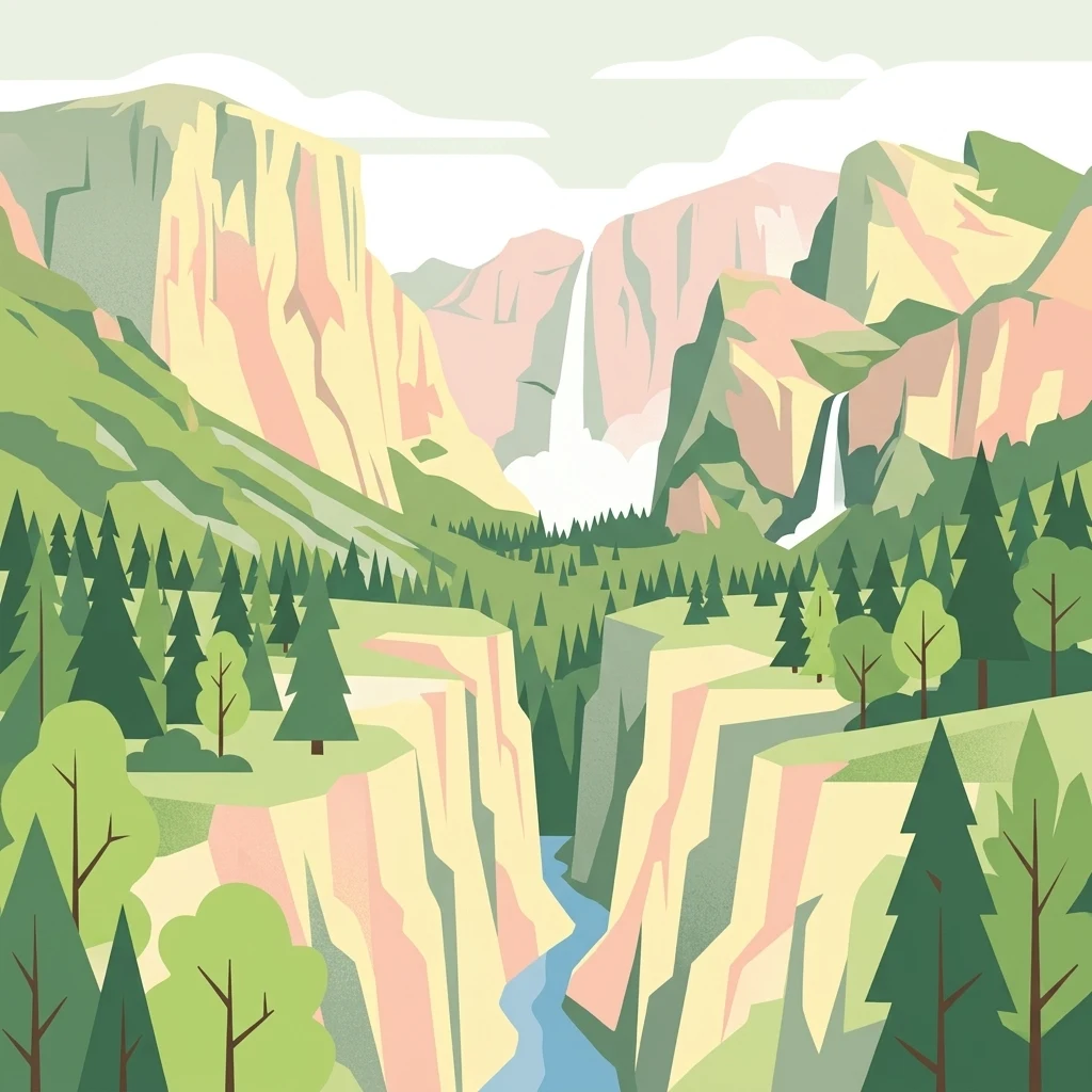 A graphic illustration of a deep river canyon featuring steep cliffs, evergreen trees, and two prominent waterfalls in the distance.
