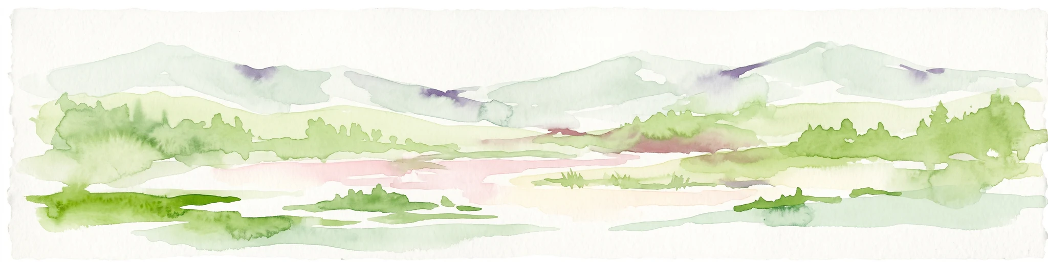 Una pintura en acuarela que muestra un suave paisaje panorámico de colinas bajas, campos verdes y agua, con un estilo ligero y etéreo.