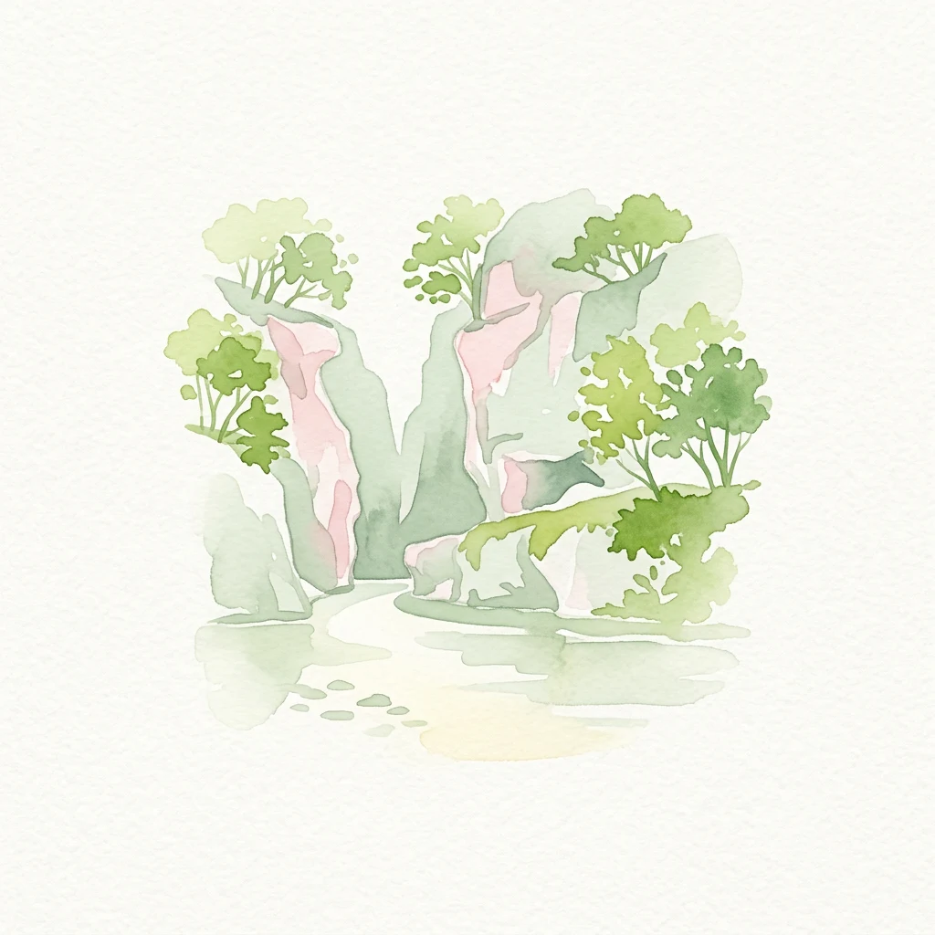 Watercolor illustration showing rock formations with green trees and vegetation, a body of water with reflections, and a small path