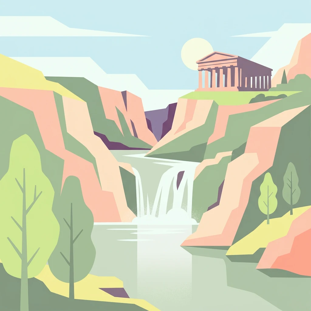 Ilustración estilizada que muestra una cascada fluyendo a través de un valle con un templo clásico en la cima de una colina