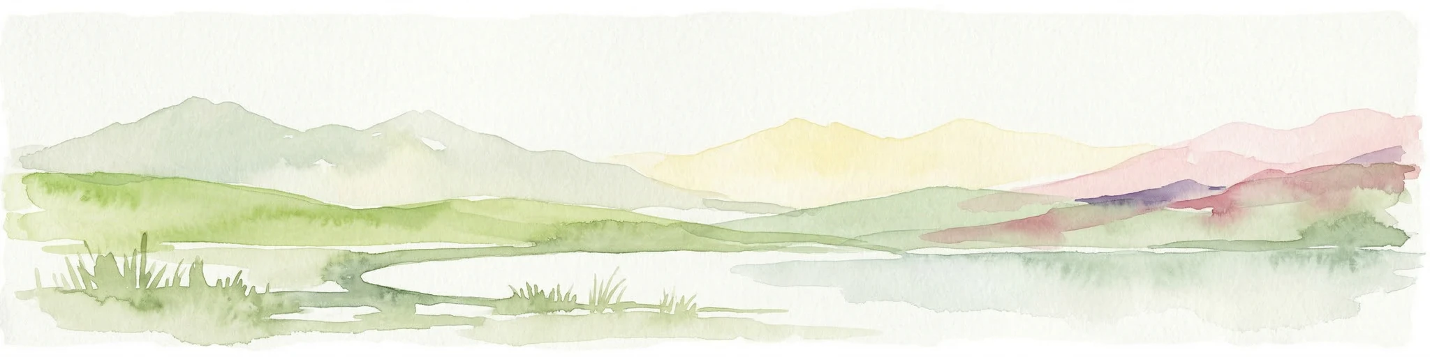 Pintura de acuarela que muestra montañas, un lago y campos de hierba