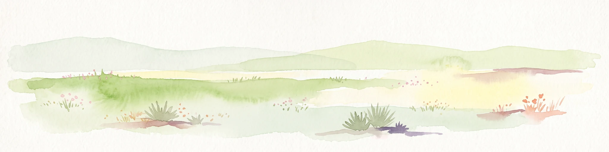 A pale, soft watercolor illustration of a wide, open prairie with gentle rolling hills in the background, low shrubs, and grasses in the foreground.