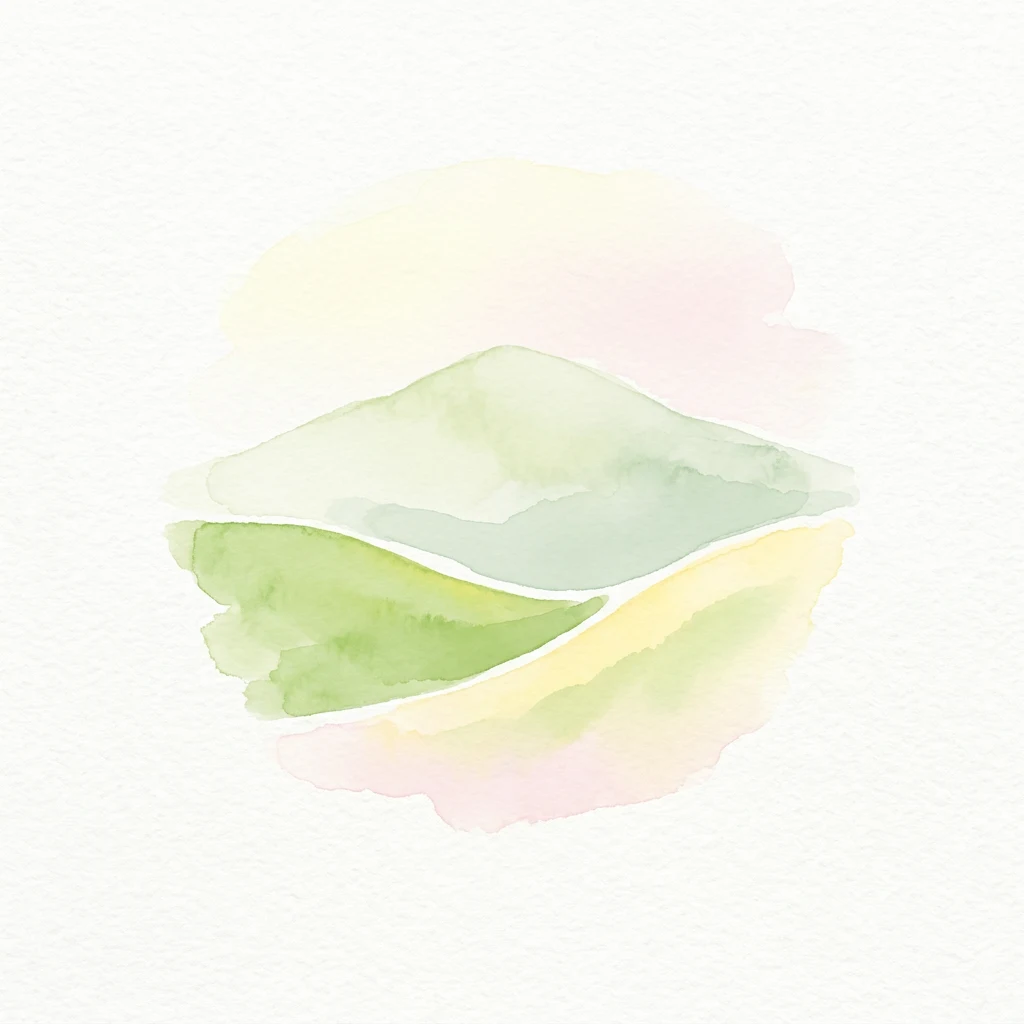 Watercolor painting of green and yellow mountain range with soft pink background