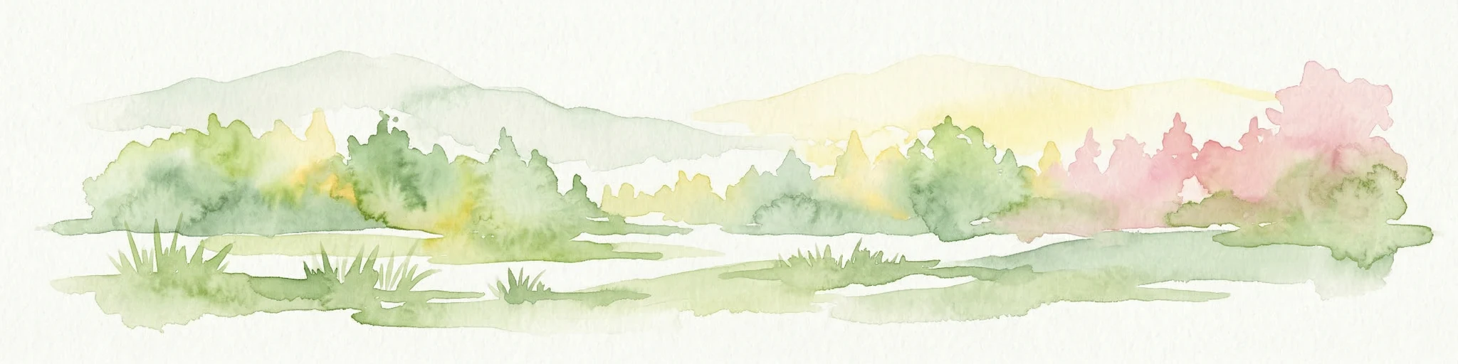 Ilustración de acuarela de un paisaje con montañas, árboles y un río