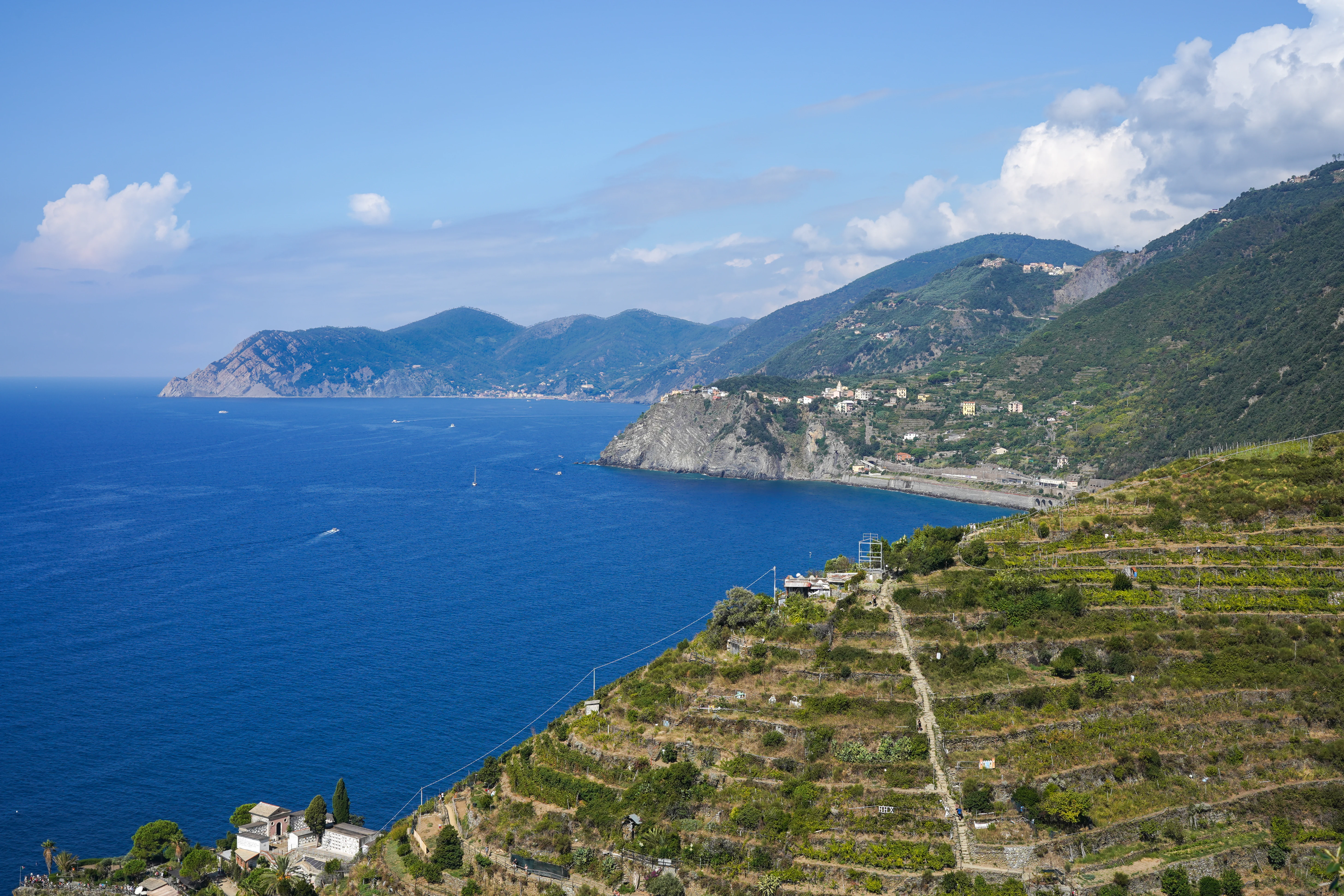 Panoramic view of a coastal landscape with terraced vineyards on a hillside overlooking the blue sea with distant mountains and small villages