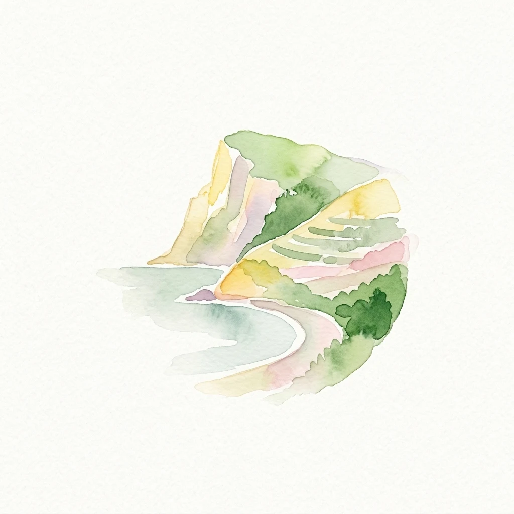 Watercolor illustration of a coastal landscape with cliffs, terraced hills, and a beach