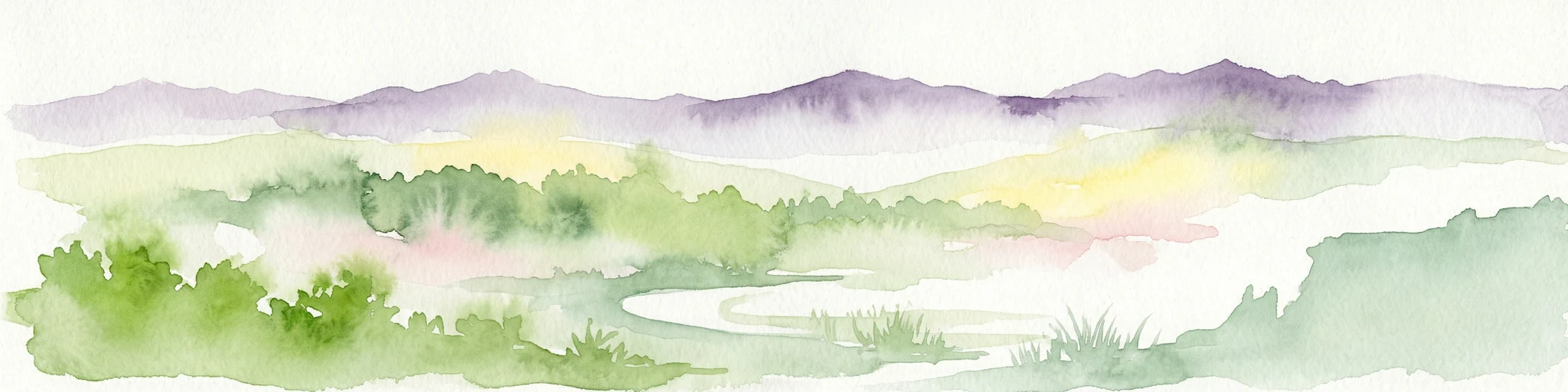 Ilustración en acuarela de un paisaje montañoso costero con vegetación verde y una masa de agua