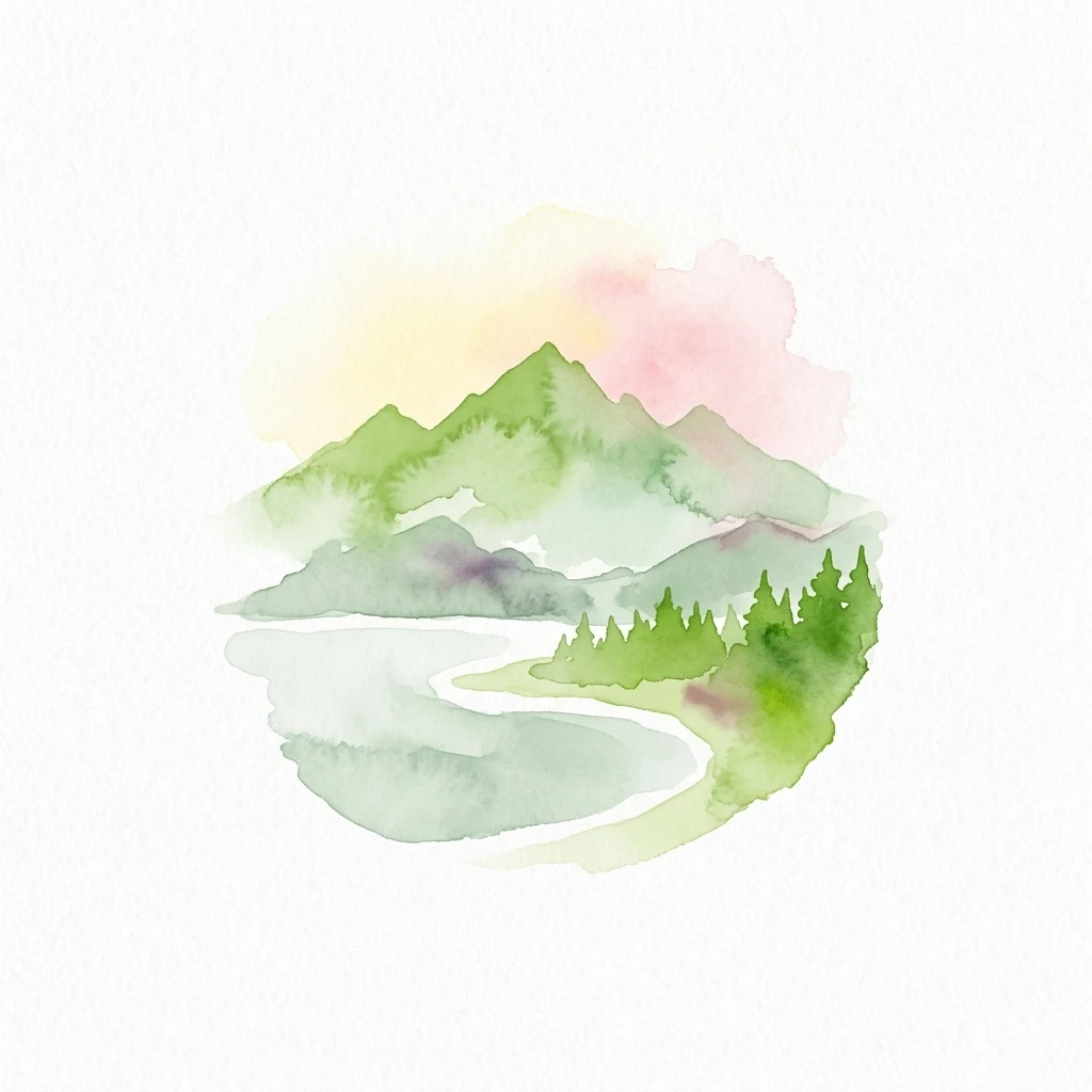 Watercolor illustration of green mountains, a winding river, and a forest under a pink and yellow sky
