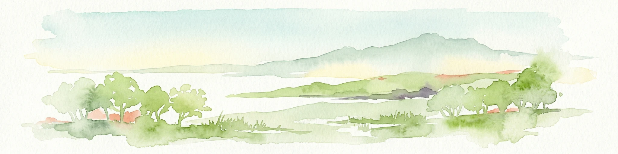 Ilustración en acuarela que muestra un paisaje costero con colinas verdes, árboles y una masa de agua