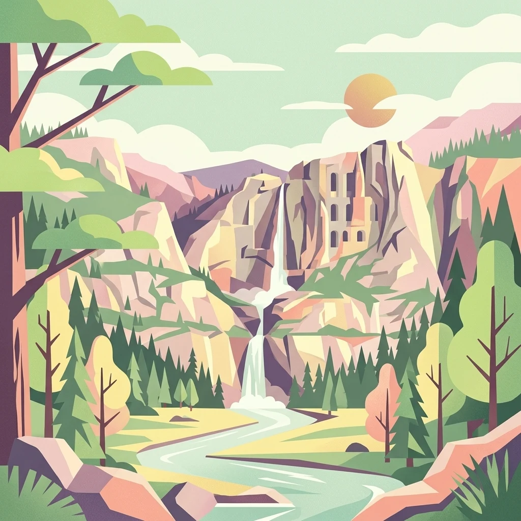 Una ilustración plana y colorida que muestra un cañón montañoso con una cascada de dos niveles, un río que fluye en primer plano y bosques de pinos bajo un sol pálido.