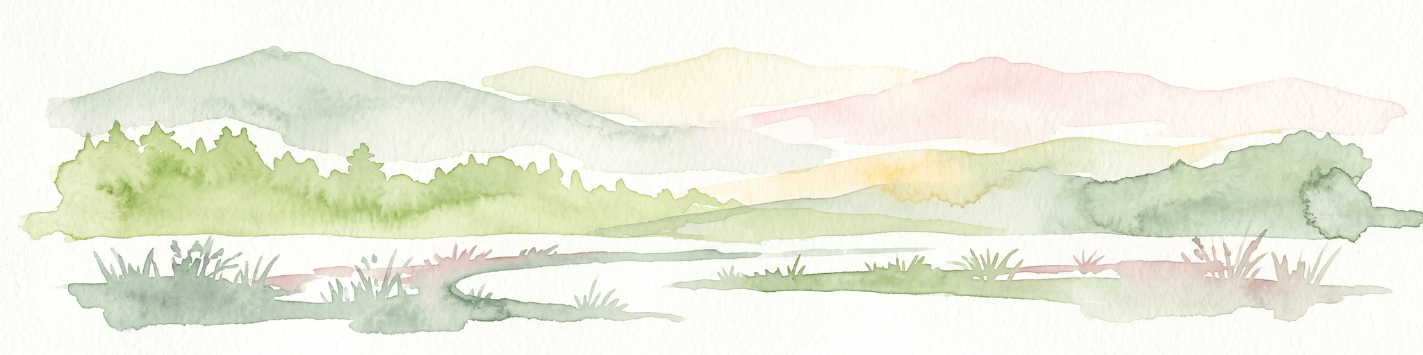 A minimalist watercolor painting showing layers of pale green, yellow, and pink hills behind a marshy foreground with grasses and soft brushwork.