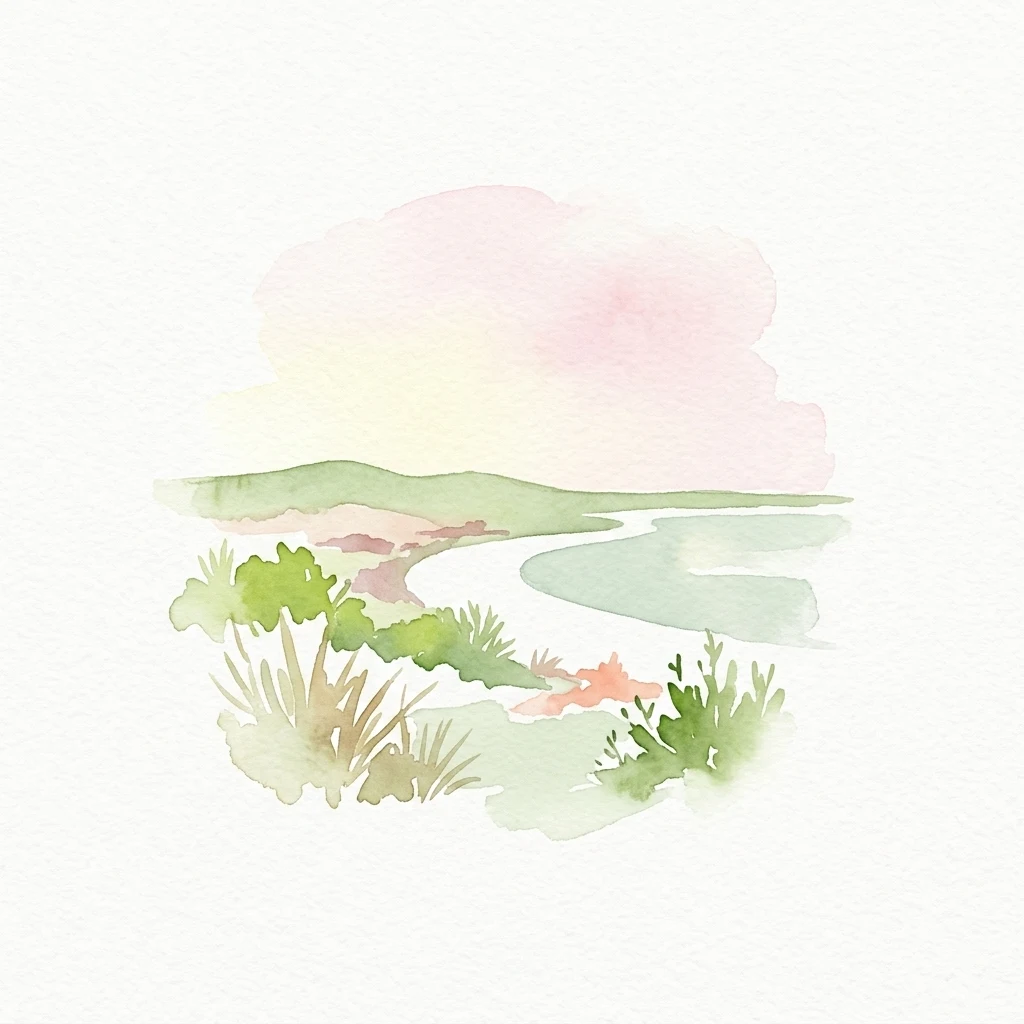 A watercolor illustration showing green shrubs and grasses in the foreground, a winding light green body of water, distant green hills, and a soft pink and yellow sky on a white background.