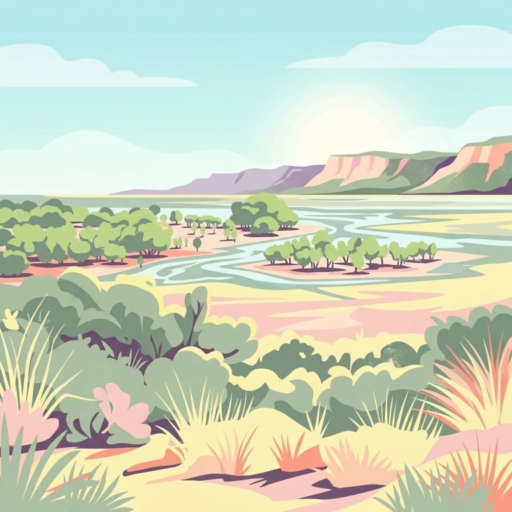Una ilustración estilizada que muestra un paisaje costero con manglares verdes creciendo en aguas poco profundas y salinas, con acantilados rosados y verdes de fondo bajo un cielo azul pálido.