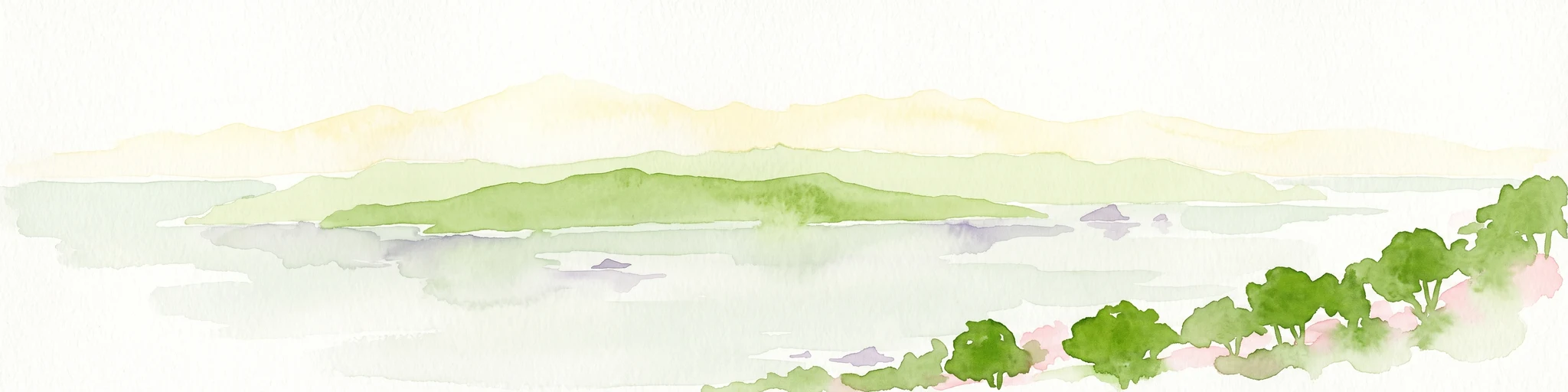 A soft watercolor illustration showing an island with green rolling hills rising from the water, with a line of trees along the shoreline in the foreground.