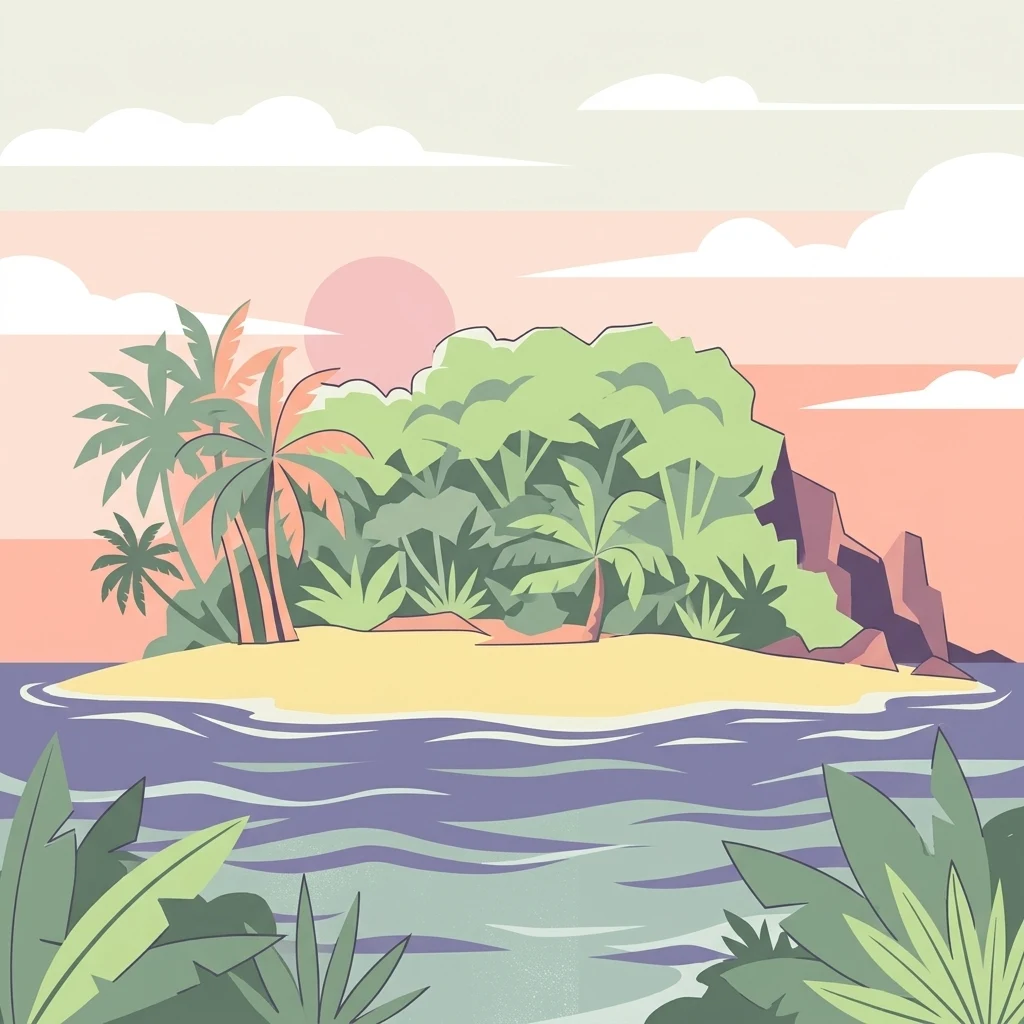 A flat vector-style illustration of a tropical island featuring a sandy beach, lush green palm trees, dense vegetation, and rock formations surrounded by blue water at sunset.
