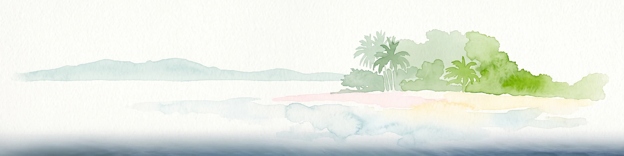 Acuarela de una playa de isla tropical con orilla arenosa, palmeras y una costa lejana, representada en un estilo minimalista y de lavado de luz.