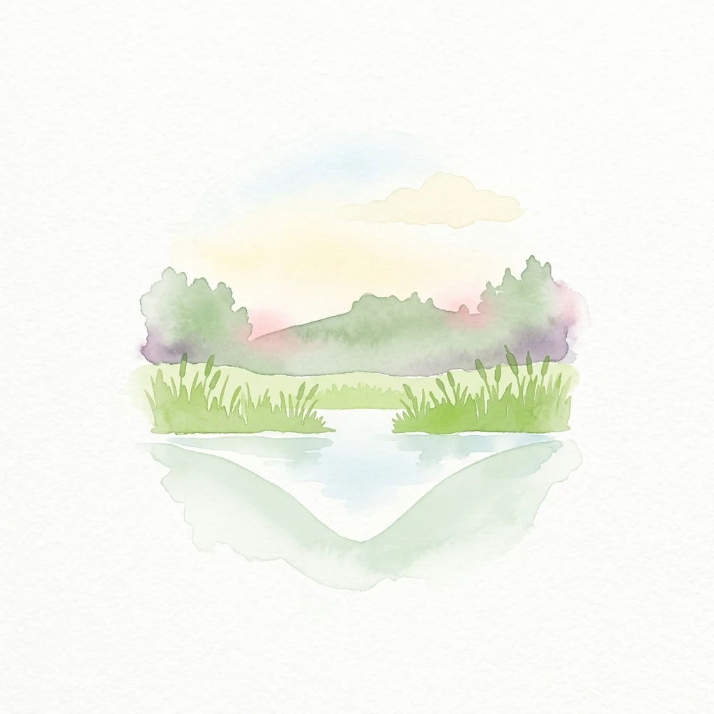 Watercolor illustration depicting a landscape with grassy banks, a body of water, trees, and a sky with soft pastel colors