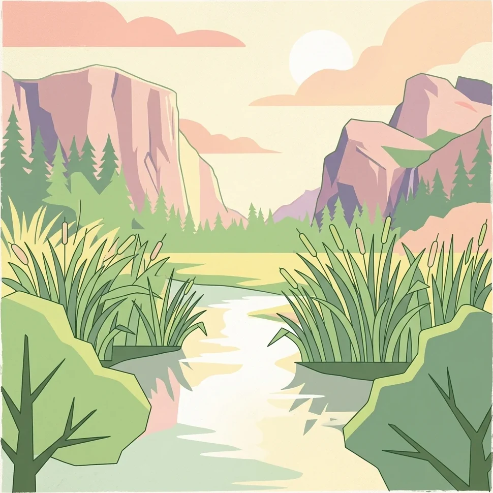 Stylized illustration of a river flowing through a valley with tall grasses and reeds, surrounded by mountains under a sky with clouds and sun.