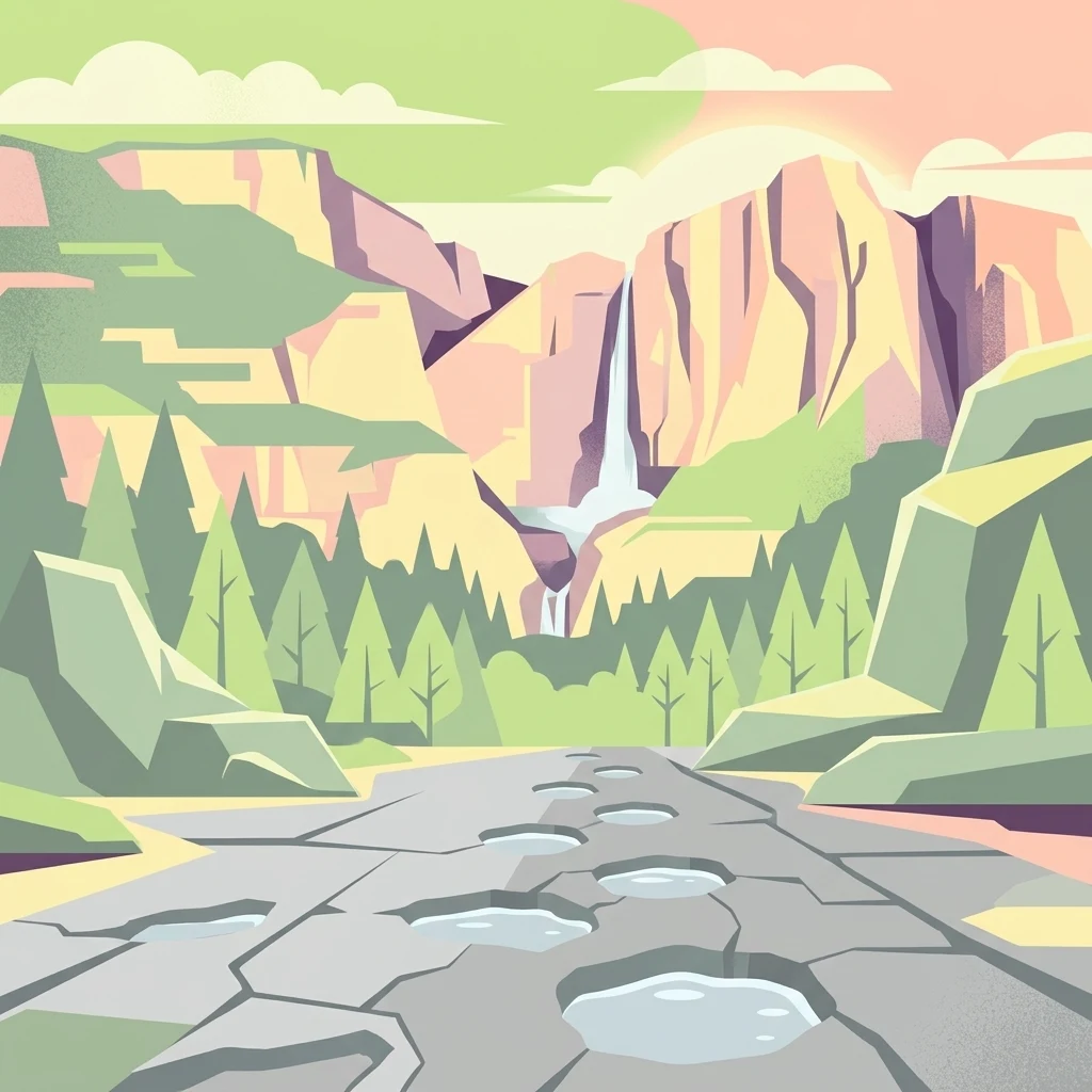 A stylized vector illustration showing a cracked asphalt road with puddles in the foreground, leading through a green pine forest towards a tall waterfall cascading down pink and yellow cliffs under a pastel sky.