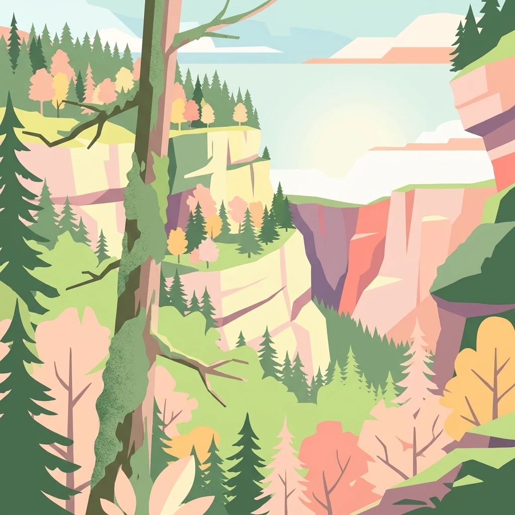 A stylized vector illustration of a steep gorge with towering limestone cliffs, dense evergreen forests, and deciduous trees in autumnal colors.