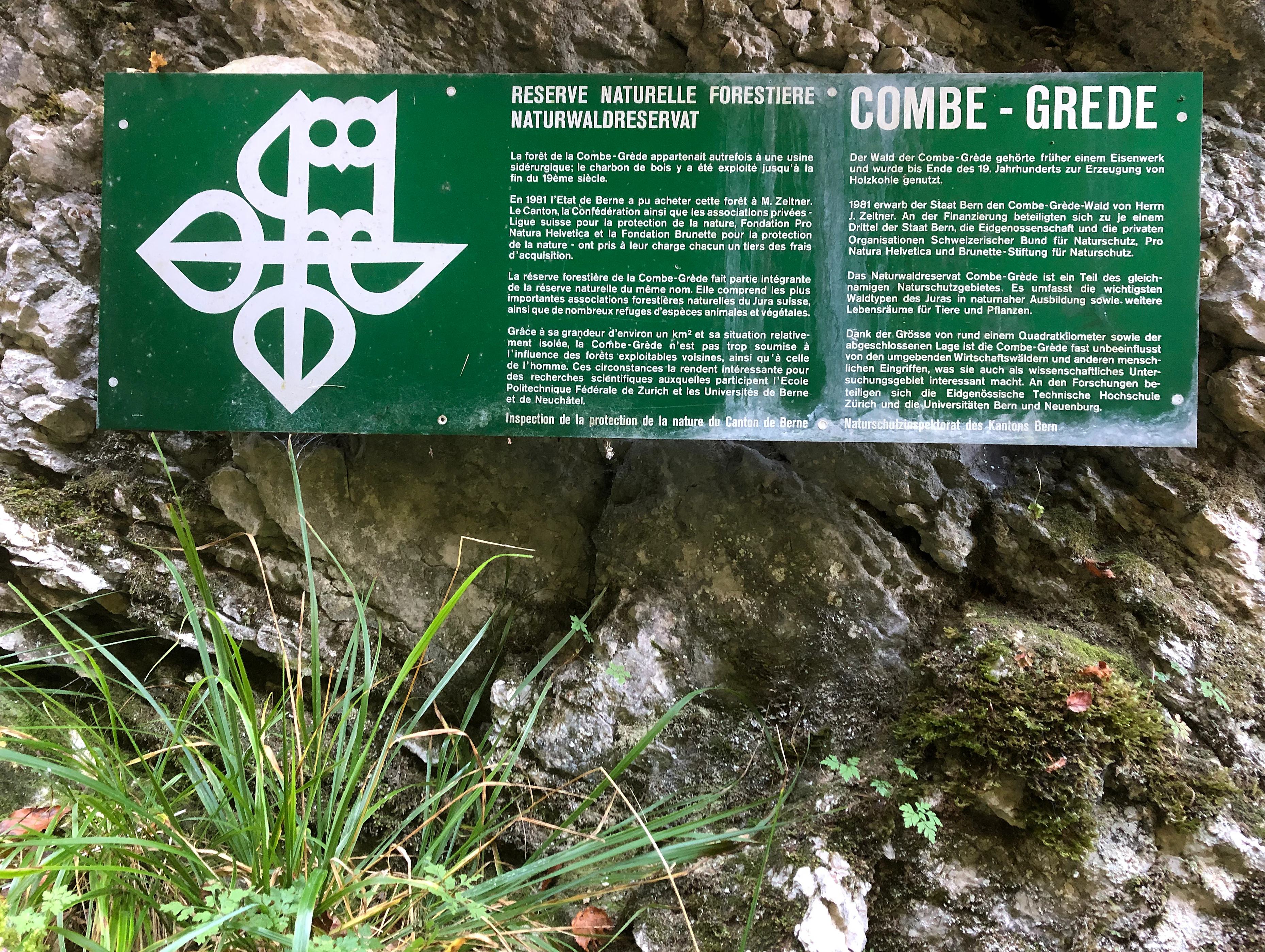 A rectangular green information sign mounted on a rocky cliff face, featuring the text Combe Grède and an owl logo.